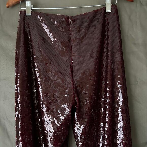 Pretty Little Thing Oxblood Red Sequin Flared Leg Pants US Size 4 - Picture 6 of 8